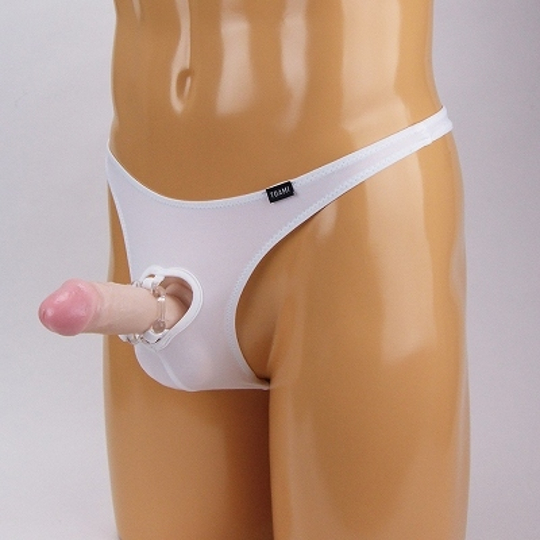 Men's Two-Way Stretchy Thong with Bumpy Cock Ring White - Alluring male underwear with exposed penis - Kanojo Toys